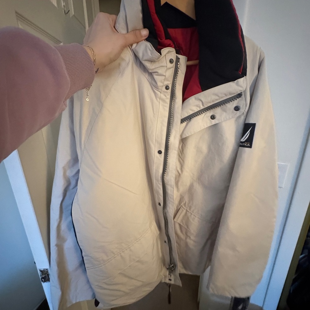 Nautica 3-in-1 Beige Mid-Length Jacket Men's Solid Casual Stand-Up Collar